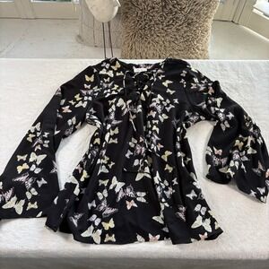 Vintage Alythea Womens XL Butterfly Blouse Lace Up Sheer Boho Festival Top